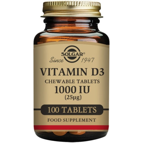 SOLGAR VITAMINA D3  1000 IU 25 MG 100 COMPRIMIDOS MASTICABLES SABOR FRESA Y PLATANO