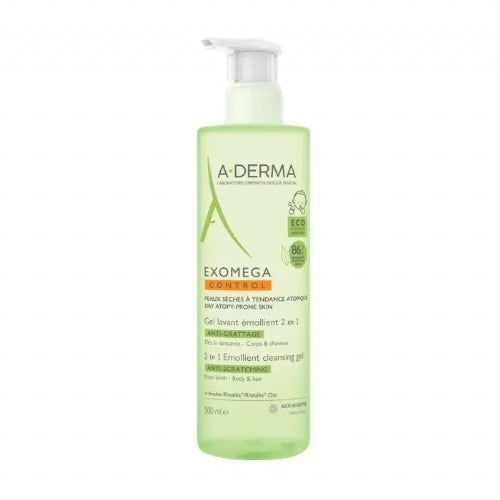 A-DERMA EXOMEGA CONTROL GEL LIMPIADOR EMOLIENTE 2 EN 1 CUERPO Y CABELLO 1 ENVASE 500 ML