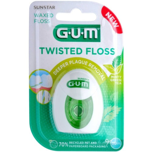 GUM 350  TWISTED FLOSS SEDA CON CERA 1 UNIDAD 30 m SABOR TE VERDE Y MENTA